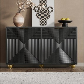 Komoda z 4 drzwiami profilowanymi - 120 x 35 x 71,5 cm - z regulowanymi półkami - uchwyty metalowe i nóżki kulowe - płyta MDF - czarna