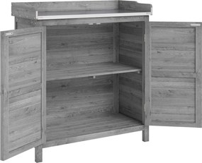 Outsunny Stół do przesadzania z szafką z drewna, ogrodowa szafka z ocynkowanym blatem, 2 półki, szary | Aosom PL