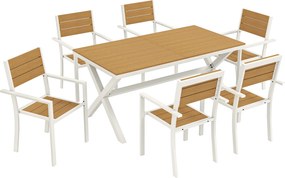 Outsunny Zestaw Mebli Ogrodowych 7-częściowy Stół z 6 Stapelowymi Krzesłami Drewnopodobne Aluminium Teak | Aosom PL