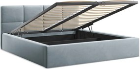 Jasnoniebieskie aksamitne tapicerowane łóżko dwuosobowe ze schowkiem ze stelażem 140x200 cm Hiko – Makamii