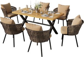Zestaw mebli ogrodowych z rattanu - stelaż z plecionego żelaza - z poduszkami na siedziska + stół + 6 krzeseł - khaki