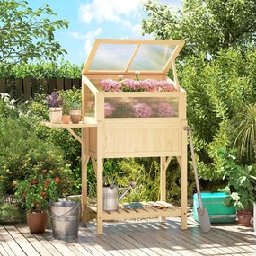Outsunny Podwyższona grządka z nasadką szklarniową z drewna Skrzynka do sadzenia ze szklarnią składana boczna półka dolna półka Drewno naturalne | Aosom PL