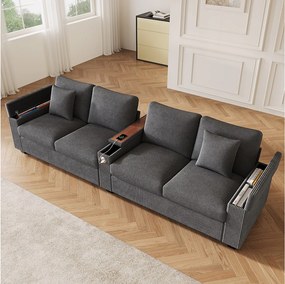 Nowoczesna sofa 4-osobowa - 299 x 80 x 82,7 cm - z portem USB, składanym podłokietnikiem i ukrytym schowkiem - aksamitna - szara