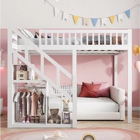 Łóżko piętrowe dla dzieci z litego białego drewna z wbudowanymi schodami ze schowkiem, zabezpieczenie przed upadkiem, 90x200 cm, nowoczesny design