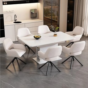 Zestaw jadalny ze stołem i 6 krzesłami - stół rozkładany z miejscem do przechowywania + 6 krzeseł na metalowych nogach - płyta wiórowa - biały