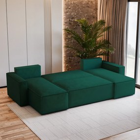 Masseno Narożnik PESANO z funkcją spania i pojemnikiem na pościel Narozniki U, Rozkładana sofa - Butelkowa zieleń, MONOLITH 37