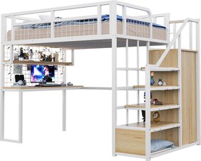 Łóżko mezzanine 140x200 cm - z oświetleniem LED i gniazdkami - z drabinką z miejscem do przechowywania - z szafą - przechowywanie i stolik - biały