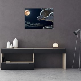 Obraz na szkle - wilki wyjące do księżyca (70x50 cm)