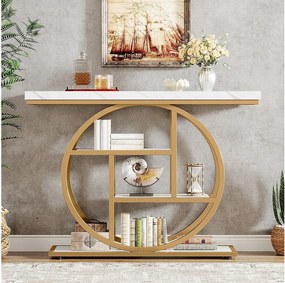 Konsola w stylu industrialnym, 105 cm, 4 poziomy, okrągła podstawa, wąska, drewniana, z półkami do przechowywania (biało-złota)