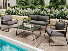 Zestaw mebli ogrodowych dla 4 osób, konstrukcja z ocynkowanej stali, regulowane nogi, 1 kanapa - 2 fotele i 1 stolik kawowy, czarny