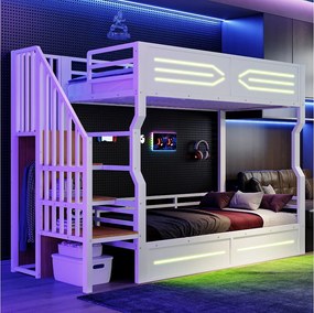 Łóżko piętrowe dla dzieci z kutego żelaza - 2 x 90 x 200 cm - z diodami LED + drabinka - płyta MDF + metal - białe