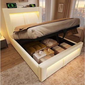 Łóżko pojedyncze z pojemnikiem na pościel - 90 x 200 cm - z hydraulicznym stelażem + diody LED + port USB + zaokrąglony zagłówek - aksamitne - beżowe