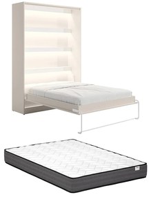 Łóżko chowane 140 x 200 cm - Otwieranie pionowe manualne - Z oświetleniem LED - Beżowe + Materac - RAPILI