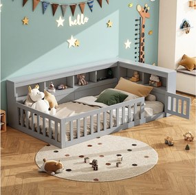 Łóżko pojedyncze dla dzieci - 90 x 200 cm - szafka nocna z pojemnikiem + gniazdko + USB - z listwami - płyta wiórowa - szare