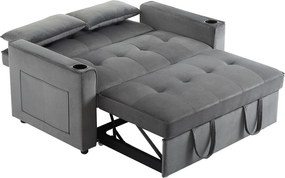 Szara sofa 2-osobowa - rozkładana sofa z uchwytem na kubek i kieszenią do przechowywania - poduszki i kółka
