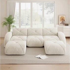 Canapé d'angle 3 places modulable en tissu chenille, avec 2 pouf, 281x171x76cm, Blanc