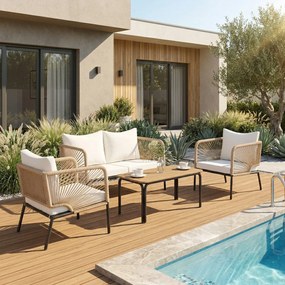 Outsunny Zestaw Mebli Ogrodowych dla 4 Osób z Sofą, 2 Fotelami, Stolik Kawowy z Lamellami, Zdejmowane Poduszki | Aosom PL