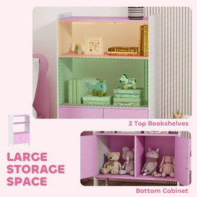 AIYAPLAY Regał na książki dla dzieci, 2 półki, 2 szafki, wolnostojący, design przeciwdziałający przewróceniu, antypoślizgowe stopy, MDF, Różowy+Biały