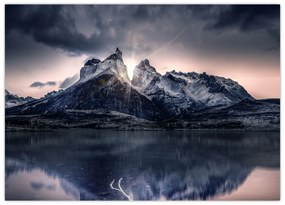 Obraz na szkle - jezioro z górą (70x50 cm)