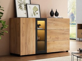 Nowoczesny bufet - z 3 szufladami - z LED - Naturalny + Czarny