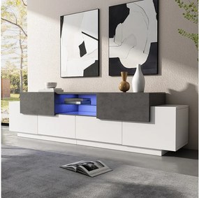 Szafka RTV z LED-ami - 180 x 40 x 45 cm - z półkami + 4 drzwi + 2 szuflady - płyta wiórowa - kolor biały i szary