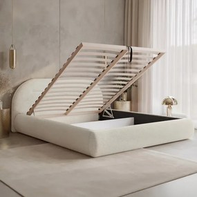 Łóżko Tapicerowane Slim 140x200 cm TASSO z Pojemnikiem Kremowe Boucle Japandi