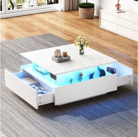 Biały stolik kawowy LED z 2 szufladami i przezroczystą przegrodą - do salonu i biura