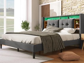 Łóżko podwójne tapicerowane 140x200cm z lnem z LED i portem ładowania USB - stelaż na listwy - Szary