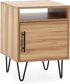 Stolik nocny Alma z 1 drzwiczką w kolorze drewna, metalowe nogi.