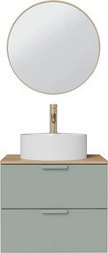 Wisząca szafka łazienkowa z okrągłą umywalką nablatową, baterią i lustrem – Szałwiowa zieleń – S60 cm – AVORELI