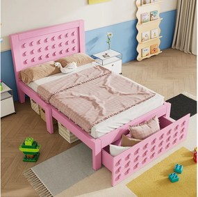 Łóżko dziecięce 90 x 190 cm – łóżko pojedyncze z szufladami i schowkiem pod łóżkiem – różowe drewno – bez materaca