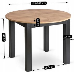 Zestaw Stół Okrągły Rozkładany HARRY 102-142 cm Dąb Craft/Czarny i 6 Krzeseł PERU Czarnych