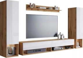 Nowoczesna meblościanka – zestaw wiszący do salonu 2 słupki + szafka RTV 180 cm + półka, korpus dąb wotan mat, fronty biały połysk