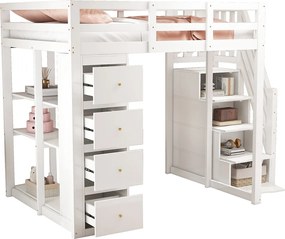 Łóżko mezzanine 140x200cm z litego drewna - z 4 szufladami i schodami do przechowywania - Białe (materac nie jest w zestawie)