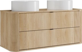 Szafka łazienkowa wisząca z podwójną okrągłą umywalką nablatową - Jasne drewno naturalne - L120 cm - FILOR