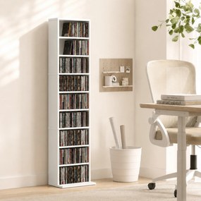 HOMCOM Regał na płyty CD/DVD, 9 poziomów, wąski regał stojący z 6 regulowanymi półkami, dla 260 płyt CD, Biały | Aosom PL