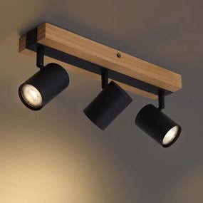 Lampa sufitowa czarna z drewnem, 3-punktowa, regulowana, prostokątna - Jeana