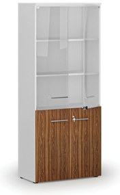 Szafa biurowa kombinowana PRIMO WHITE z drzwiami drewnianymi i szklanymi, 800 x 420 x 1781 mm, biały/orzech