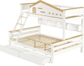 Łóżko piętrowe drewniane 90x200cm + 140x200cm - z drabiną i 2 szufladami - Białe i Naturalne