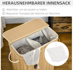 HOMCOM Składany kosz na pranie z bambusa, poręczny 90 L pojemnik na pranie z wyjmowanym wewnętrznym workiem i pokrywą