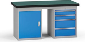 Stół warsztatowy G8, 1500 x 750 x 800 mm, 1x szafka, 1x kontener, 4x szuflada, niebieski