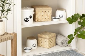 Biały metalowy pojemnik na karmę dla kotów z drewnianą pokrywką CAT FOOD