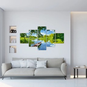 Obraz letniej rzeki z łodzią (125x70 cm)