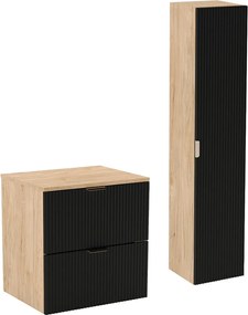 Zestaw Łazienkowy 60cm Szafka Blat Słupek Ryflowane Fronty Czarny / Dąb Orzech