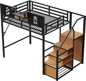 Łóżko mezzanine metalowe 140x200 cm - z drabinką z miejscem do przechowywania - z barierkami bezpieczeństwa - z otwartą szafą - kolor czarny