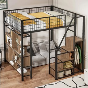 Łóżko piętrowe metalowe dla dzieci - 140 x 200 cm - z szafą + półki + schody - drewno + metal - czarne