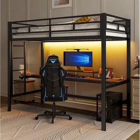 Łóżko piętrowe z barierką i drabinką - 90 x 200 cm - z USB i stolikiem - LED - bez materaca - metalowe - białe