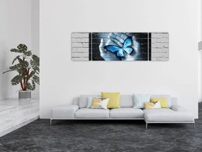 Obraz niebieskiego motyla na ścianie (170x50 cm)