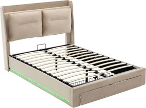 Łóżko z pojemnikiem 180x200 cm, łóżko małżeńskie z zagłówkiem i 1 szufladą, oświetlenie LED - beżowy aksamit (bez materaca)