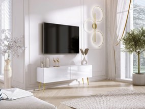 Szafka RTV: Biały Matowy / Biały Błyszczący, złote nogi, 140 x 52 x 32 cm
